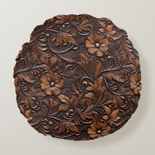 Western Brown Cowgirl Bohemian Floral Round Pillow