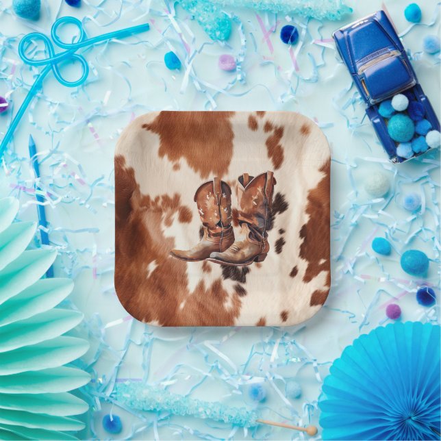 Western Brown Cream Cowboy Boots Paper Plates (Party)