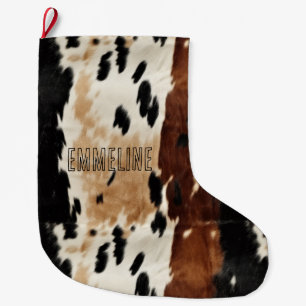 Western Brown Cream Cowhide Animal Name Large Christmas Stocking
