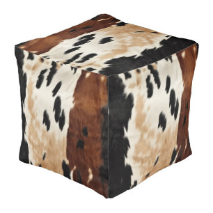 Western Brown Cream Cowhide Animal Pouf