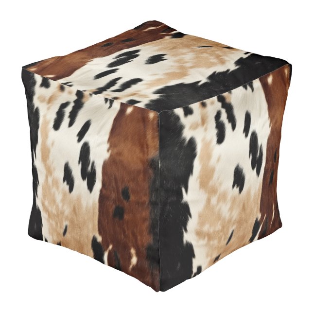 Western Brown Cream Cowhide Animal  Pouf (Angled Back)