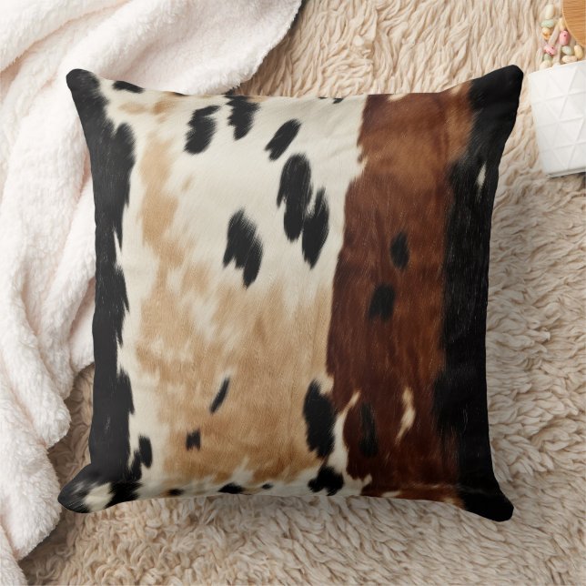 Western Brown Cream Cowhide Animal Throw Pillow (Blanket)