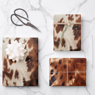 Western Brown Cream Cowhide Birthday Wrapping Paper Sheets