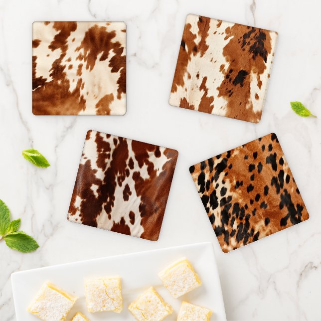 Western Brown Cream Cowhide Coaster Set (In Situ)