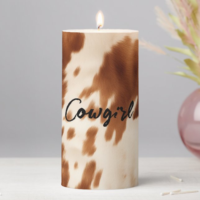 Western Brown Cream Cowhide Pillar Candle (In Situ)