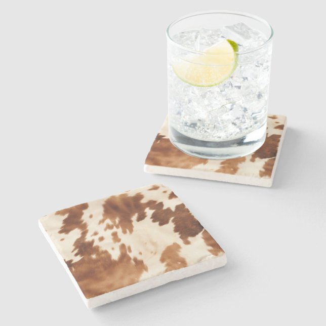 Western Brown Cream Cowhide Stone Coaster (Side)