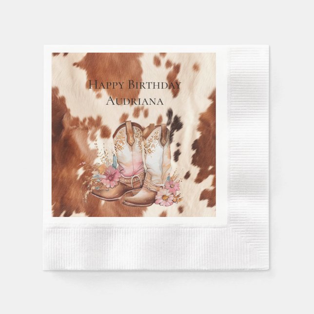 Western Brown Cream Floral Cowgirl Boots Napkins (Front)