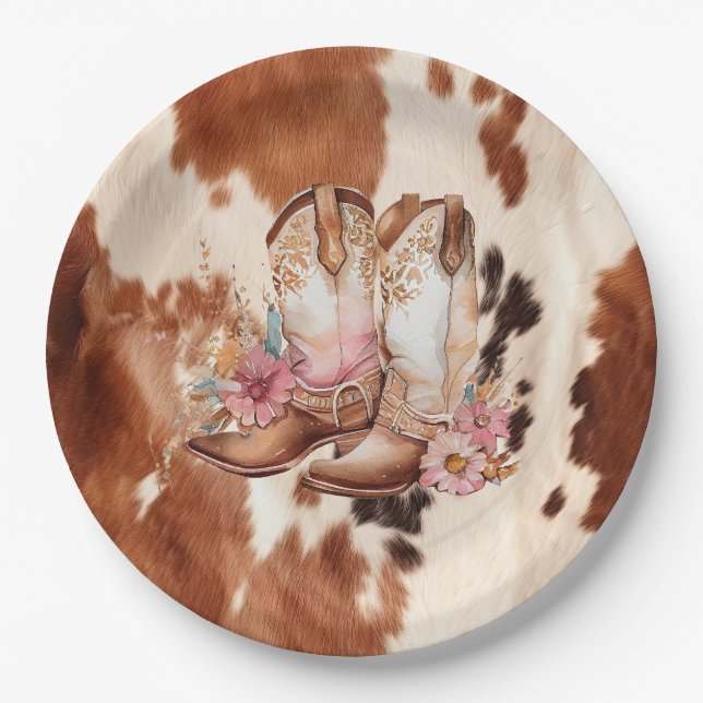 Western Brown Cream Floral Cowgirl Boots Paper Plates (Front)