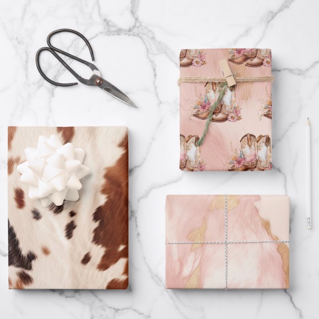 Western Brown Cream Floral Cowgirl Boots Wrapping Paper Sheets (Front)