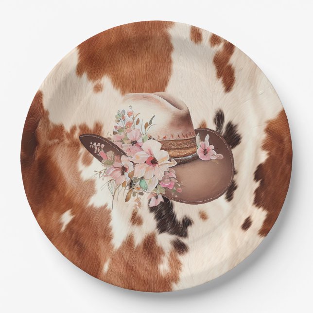 Western Brown Cream Floral Cowgirl Hat Paper Plates (Front)