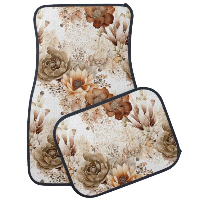 Western Brown Cream Southwest Floral Car Floor Mat (Set)