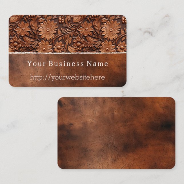 Western Brown Faux Leather Floral Business Card (Front/Back)