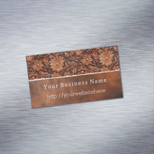 Western Brown Faux Leather Floral Business Card Magnet (In Situ)