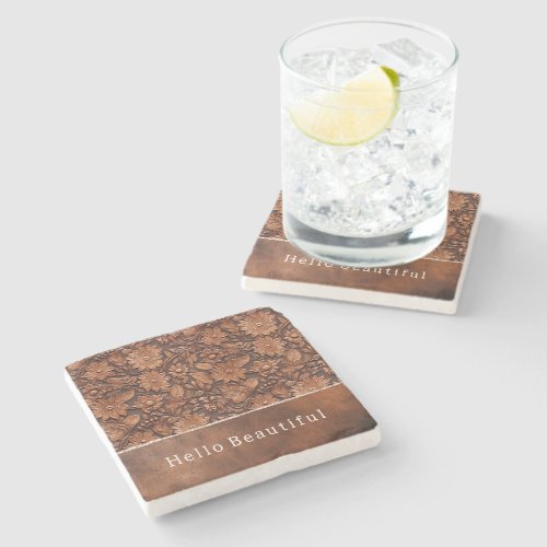 Western Brown Faux Leather Floral Stone Coaster