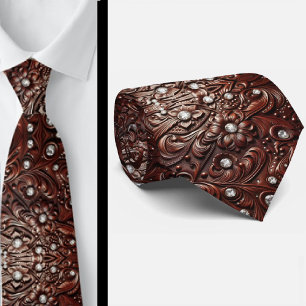 Western Brown Faux Leather Tooled Diamond Tie