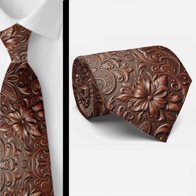 Western Brown Faux Leather Tooled Retro Mens Tie (Creator Uploaded)