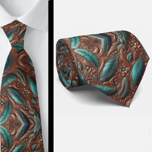 Western Brown Faux Leather Tooled with Feathers Neck Tie