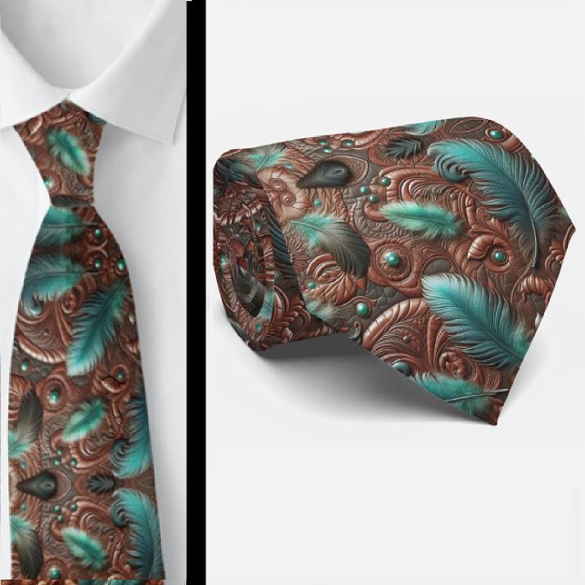 Western Brown Faux Leather Tooled with Feathers Neck Tie (Creator Uploaded)