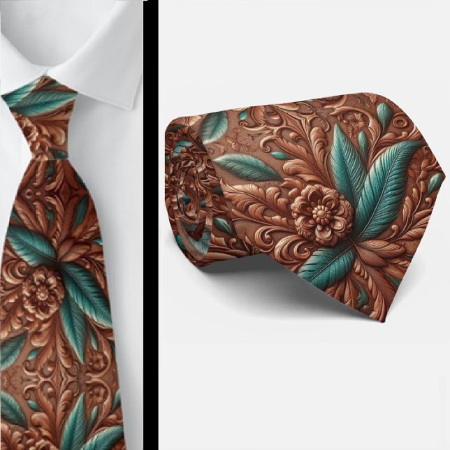 Western Brown Faux Leather Tooled with Feathers Neck Tie (Creator Uploaded)