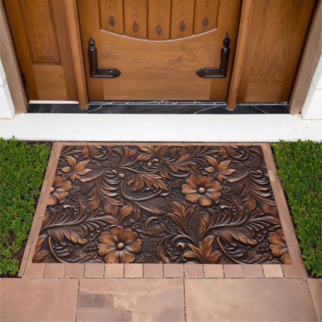 Western Brown Floral Faux Leather Doormat (Outdoor)