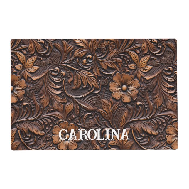 Western Brown Floral Faux Leather Placemat (Front)