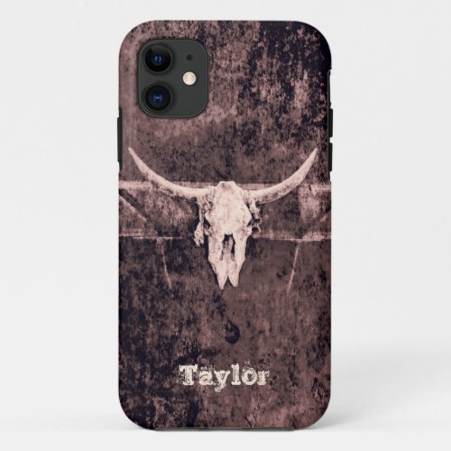 Western Brown Grunge Texture Rustic Bull Skull iPhone 11 Case