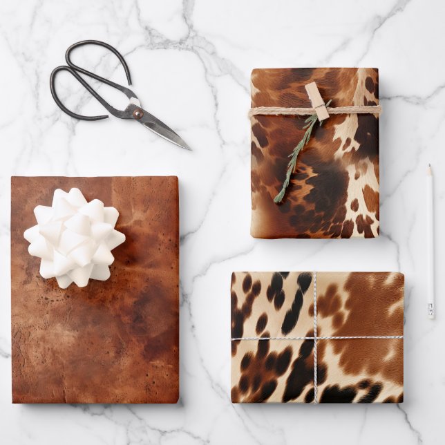 Western Brown Howdy Cowboy Brown Cowhide Wrapping Paper Sheets (Front)