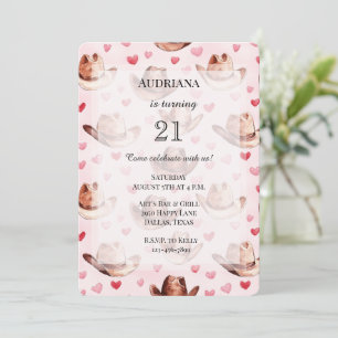 Western Brown Pink Cowgirl Hats Hearts Birthday Invitation