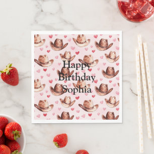 Western Brown Pink Cowgirl Hats Hearts Birthday Napkins