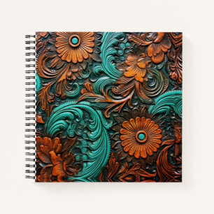 Western brown turquoise tooled leather notebook