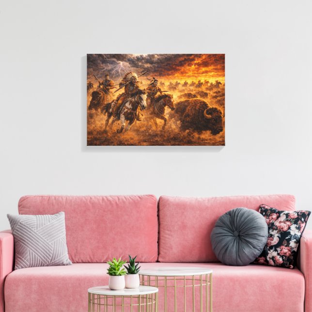 Western Buffalo Hunt Sunset Landscape Canvas Print (Insitu(LivingRoom))