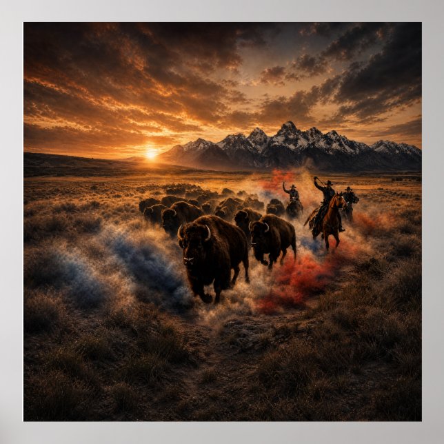 Western Buffalo Stampede at Sunset Poster (Front)