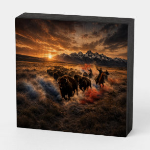 Western Buffalo Stampede at Sunset Wooden Box Sign