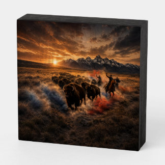 Western Buffalo Stampede at Sunset Wooden Box Sign