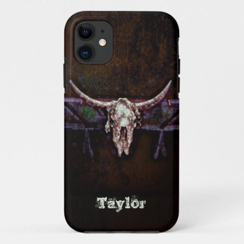 Western Bull Cow Skull Brown Purple Tribal Grunge iPhone 11 Case