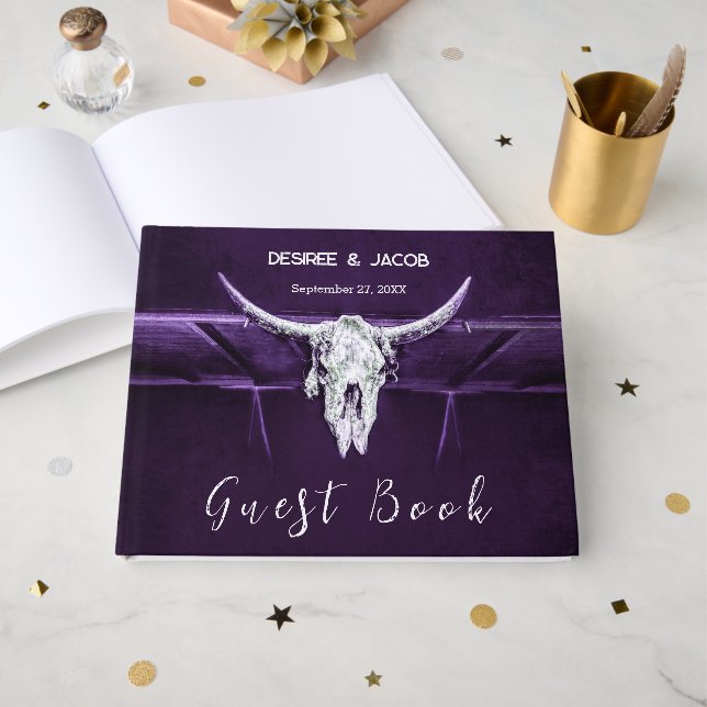 Western Bull Cow Skull Dark Purple White Rustic Guest Book (Front Open)