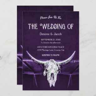 Western Bull Cow Skull Dark Purple White Rustic Invitation