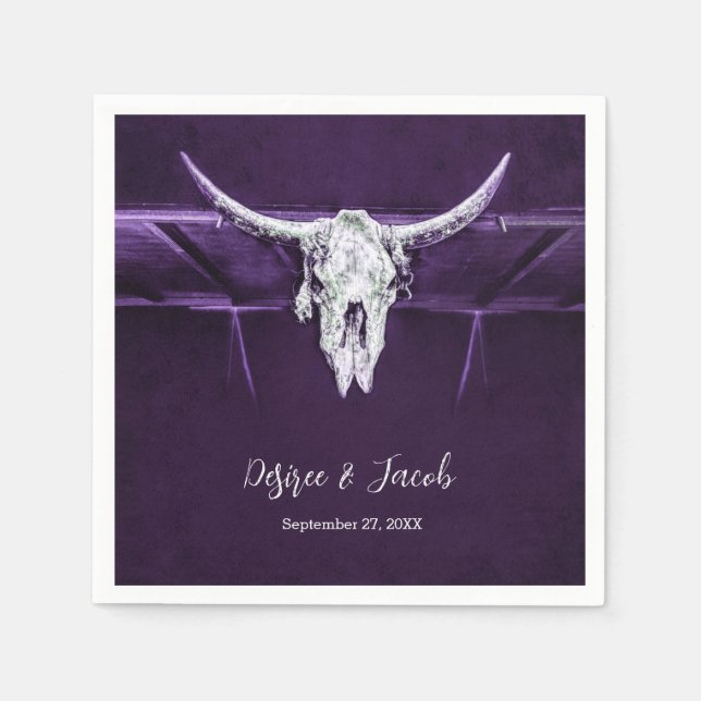 Western Bull Cow Skull Dark Purple White Rustic Napkins (Front)