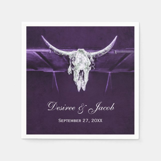 Western Bull Cow Skull Dark Purple White Rustic Napkins (Front)