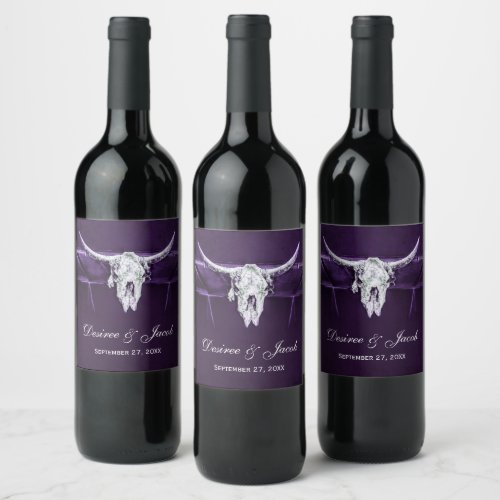 Western Bull Cow Skull Dark Purple White Rustic Wine Label
