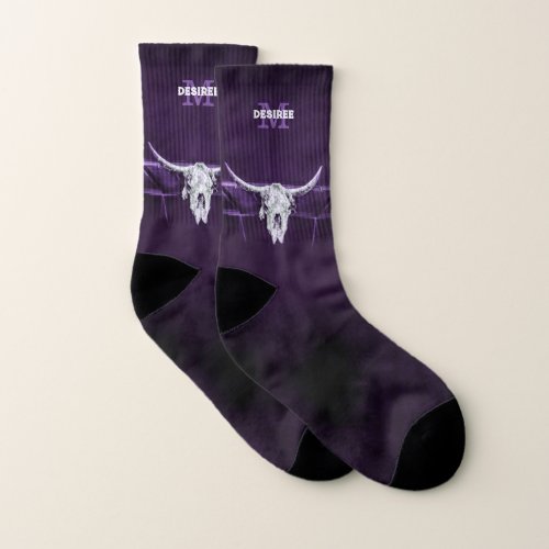 Western Bull Cow Skull Purple Rustic Monogram Socks
