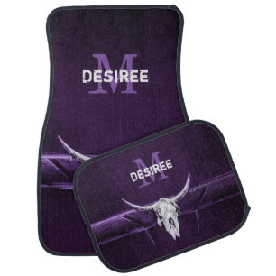 Western Bull Cow Skull Purple White Monogram Car Floor Mat