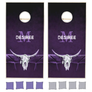 Western Bull Cow Skull Purple White Monogram Cornhole Set