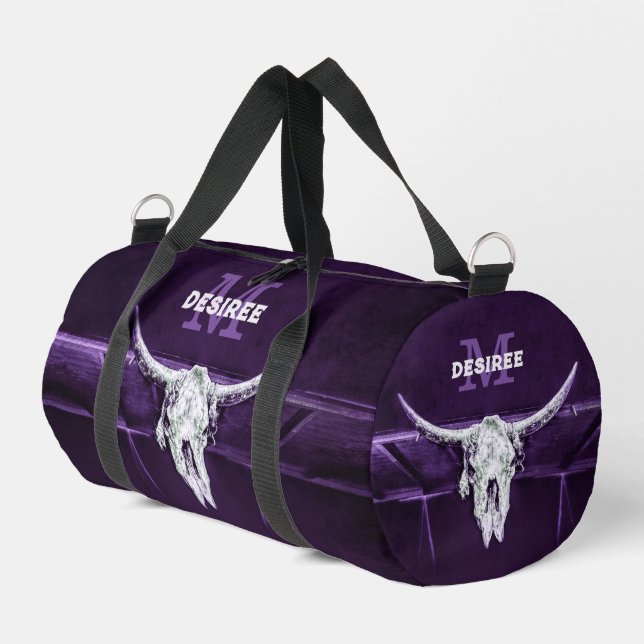 Western Bull Cow Skull Purple White Rustic Duffle Bag (Left Corner)