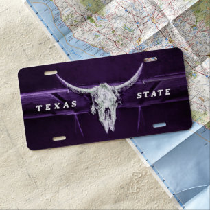 Western Bull Cow Skull Purple White Rustic License Plate