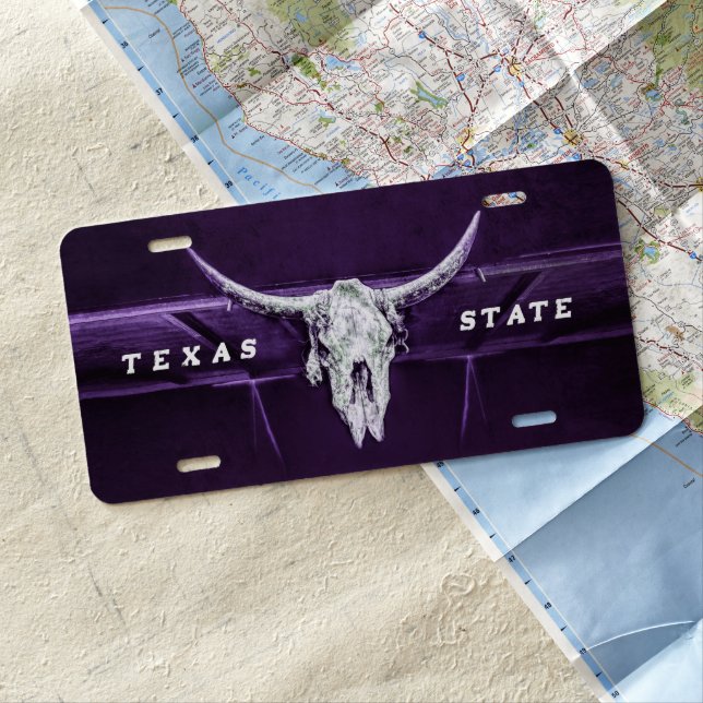 Western Bull Cow Skull Purple White Rustic License Plate (In Situ)