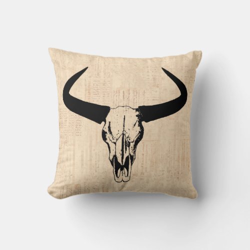 Western Bull Horns Vintage Cow Skull Beige Script Throw Pillow