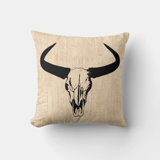 Western Bull Horns Vintage Cow Skull Beige Script Throw Pillow (Front)