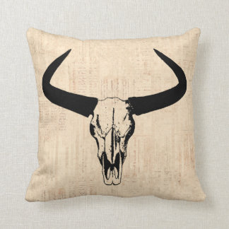 Western Bull Horns Vintage Cow Skull Beige Script Throw Pillow