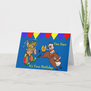 Western Bull Rider and Rodeo Clown Cartoon Card